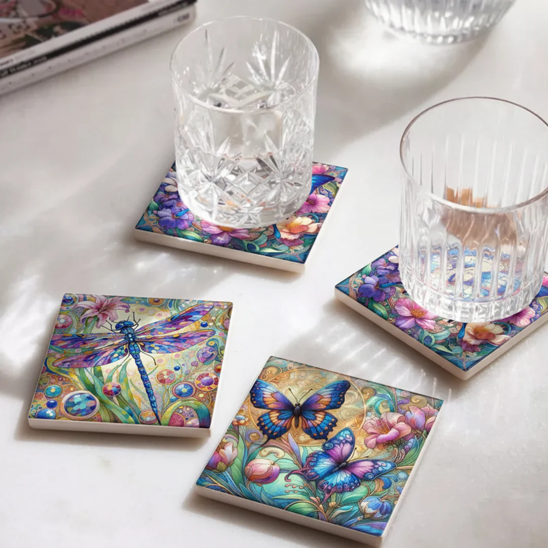 Butterfly & Dragonfly Ceramic Coaster - Set/4 - Image 2