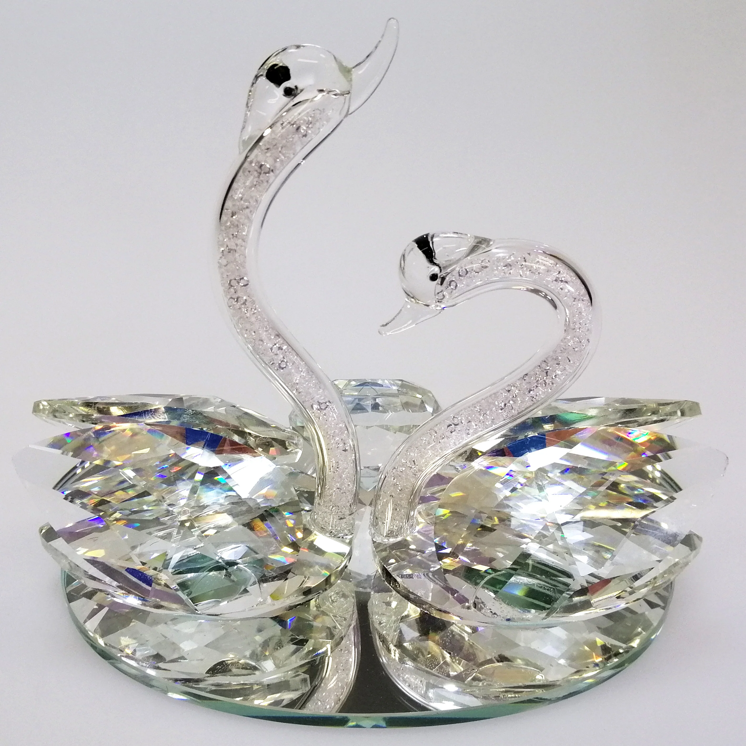 Clear Cut Glass Swans with Out-Stretched Neck on Mirror Base - Image 2