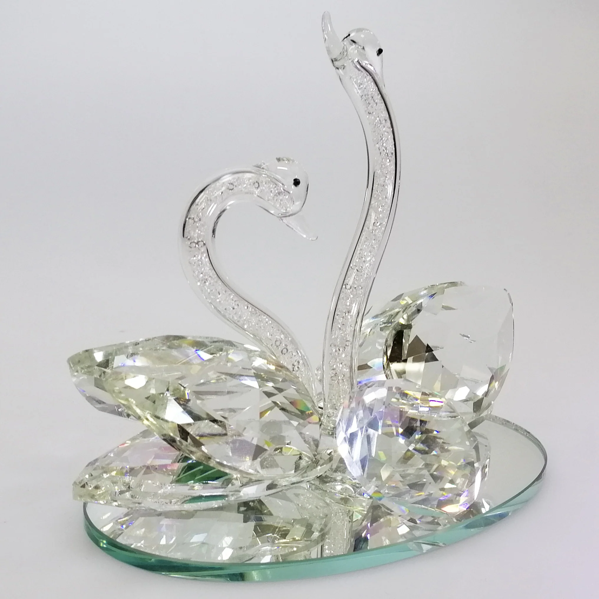 Clear Cut Glass Swans with Out-Stretched Neck on Mirror Base - Image 3