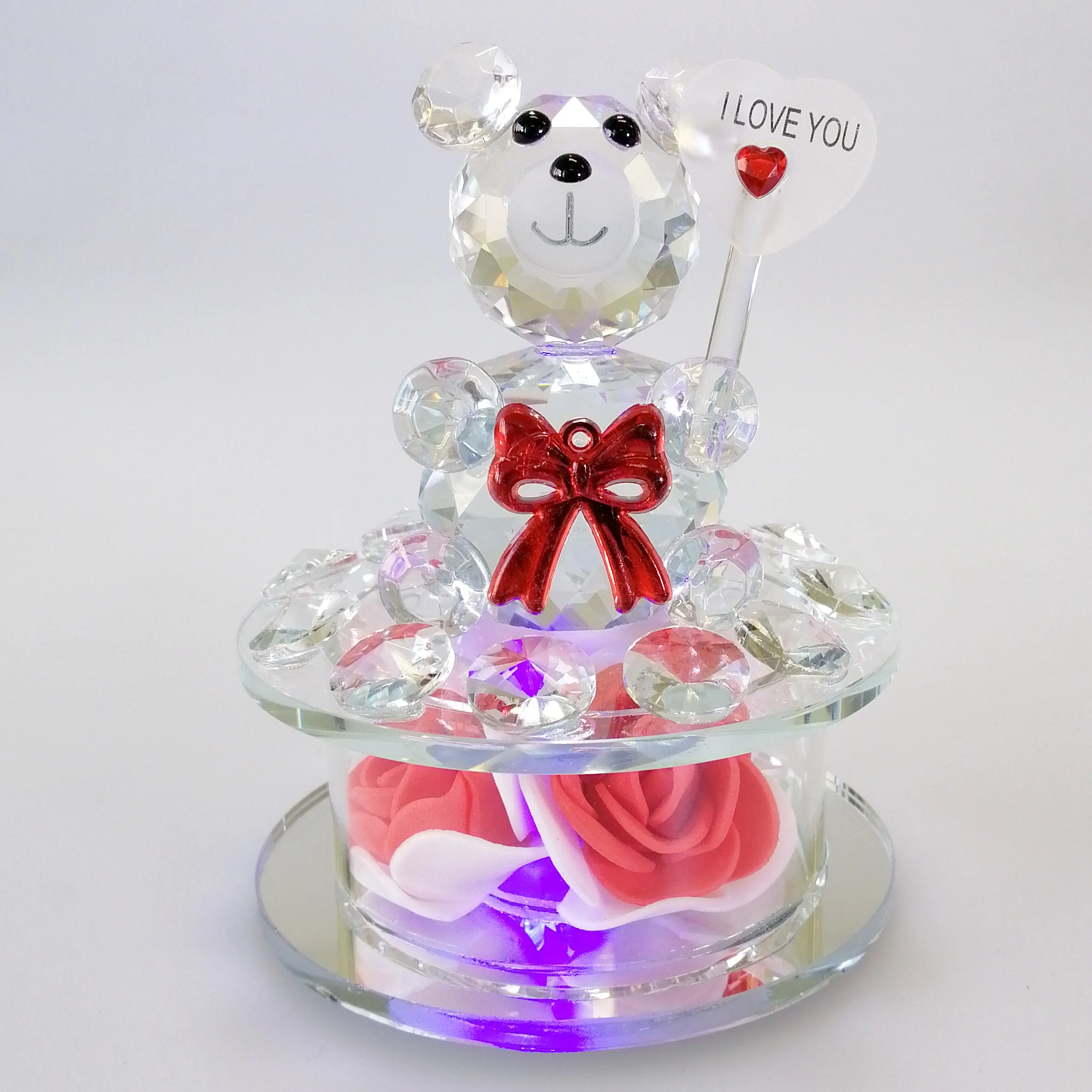 Cut Glass 'I Love You' Teddy with Flower & LED Base - Image 2