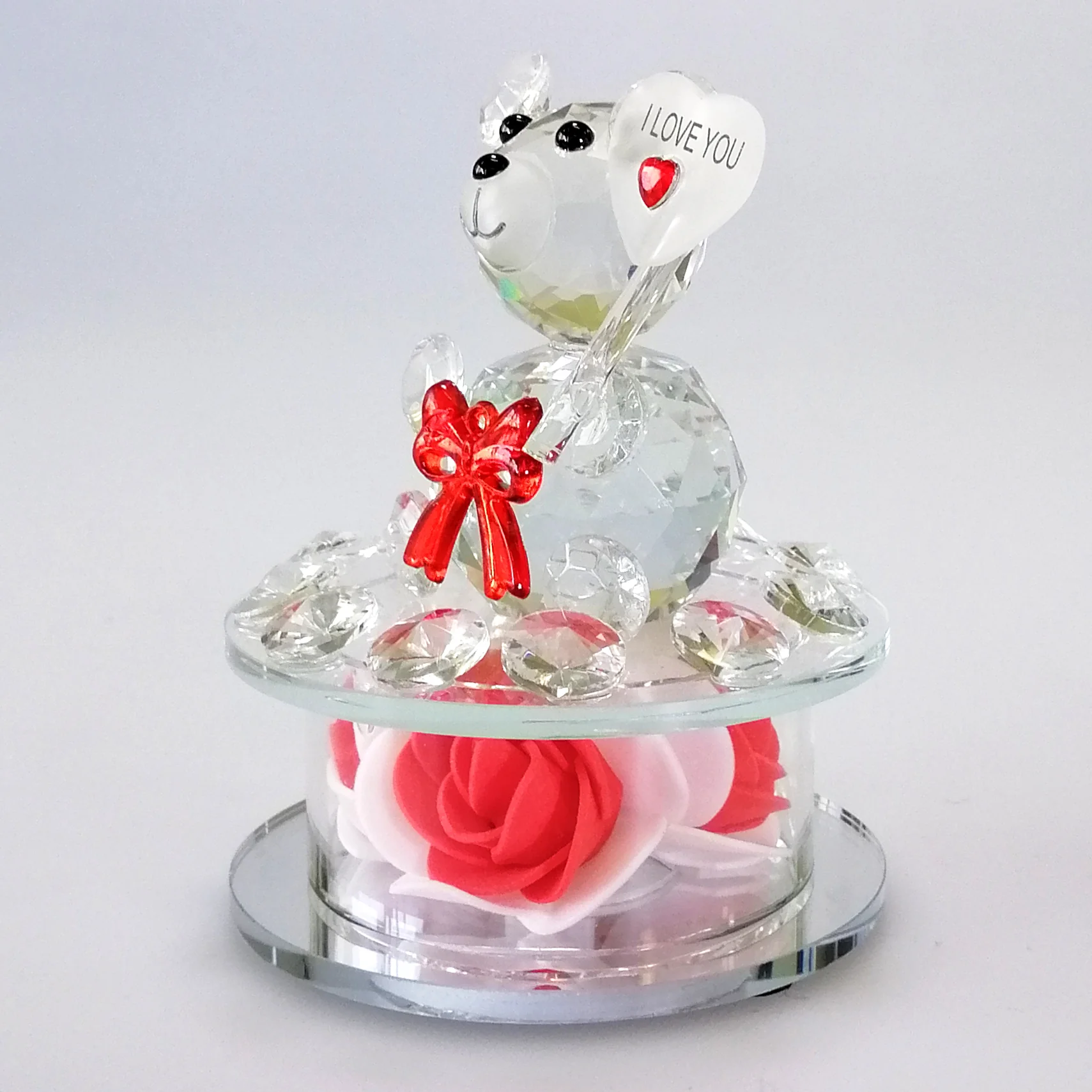 Cut Glass 'I Love You' Teddy with Flower & LED Base - Image 3