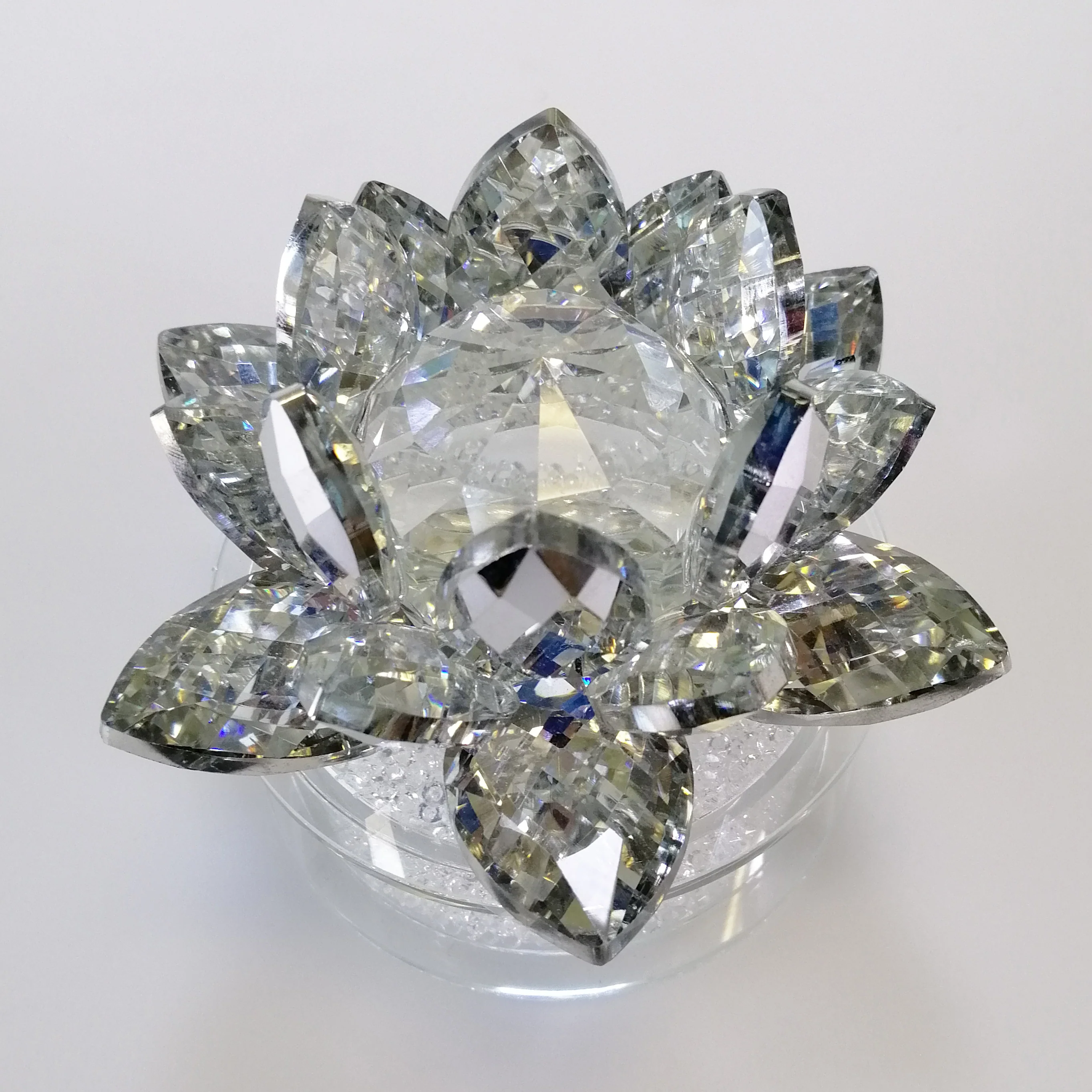 Cut Glass Silver Tinge Flower with Clear Orb & White Confetti Base