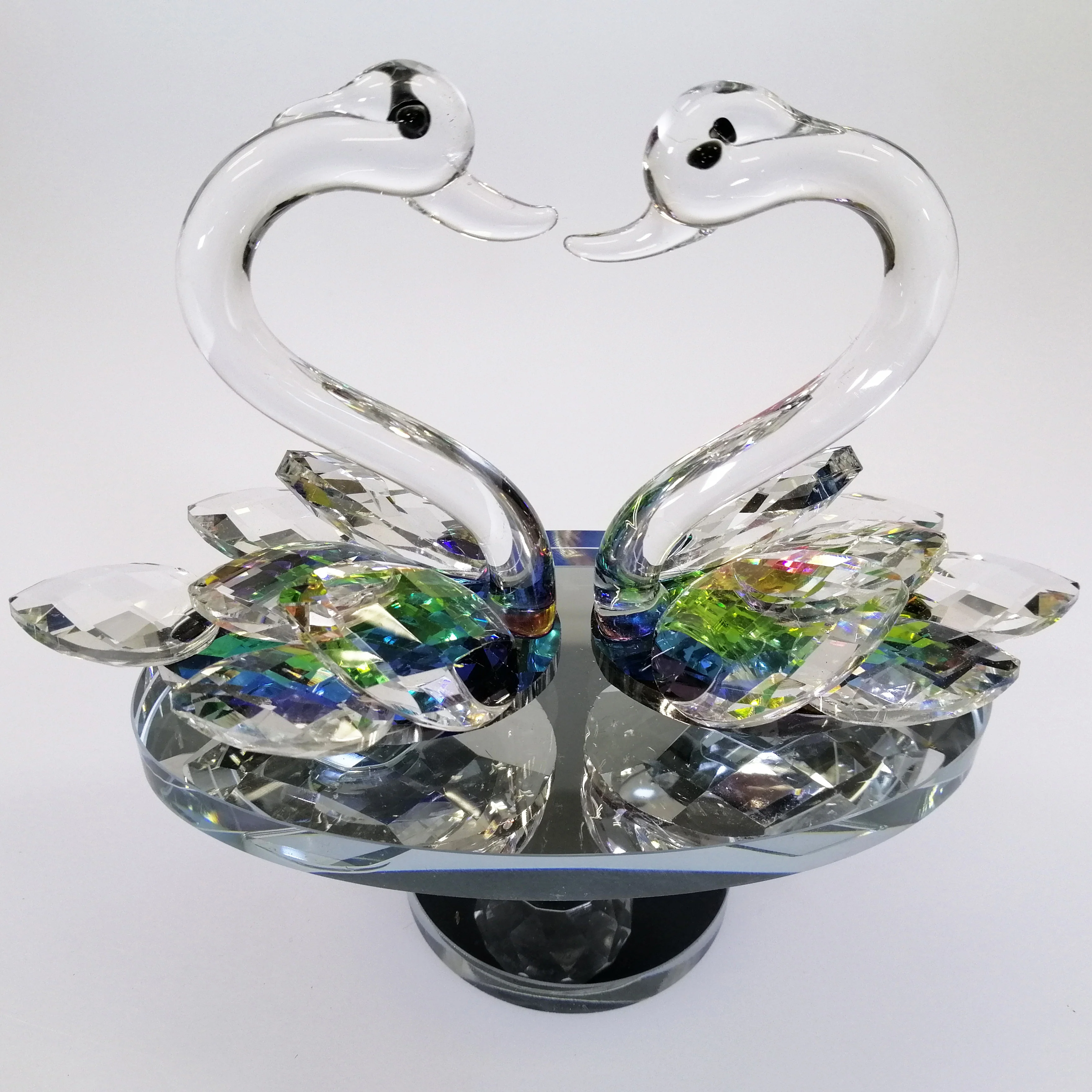 Iridescent Cut Glass Swans on Turnable Mirror Base - Image 2