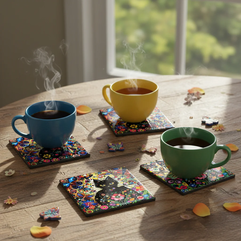 Floral Cat Ceramic Coaster - Set/4 - Image 2