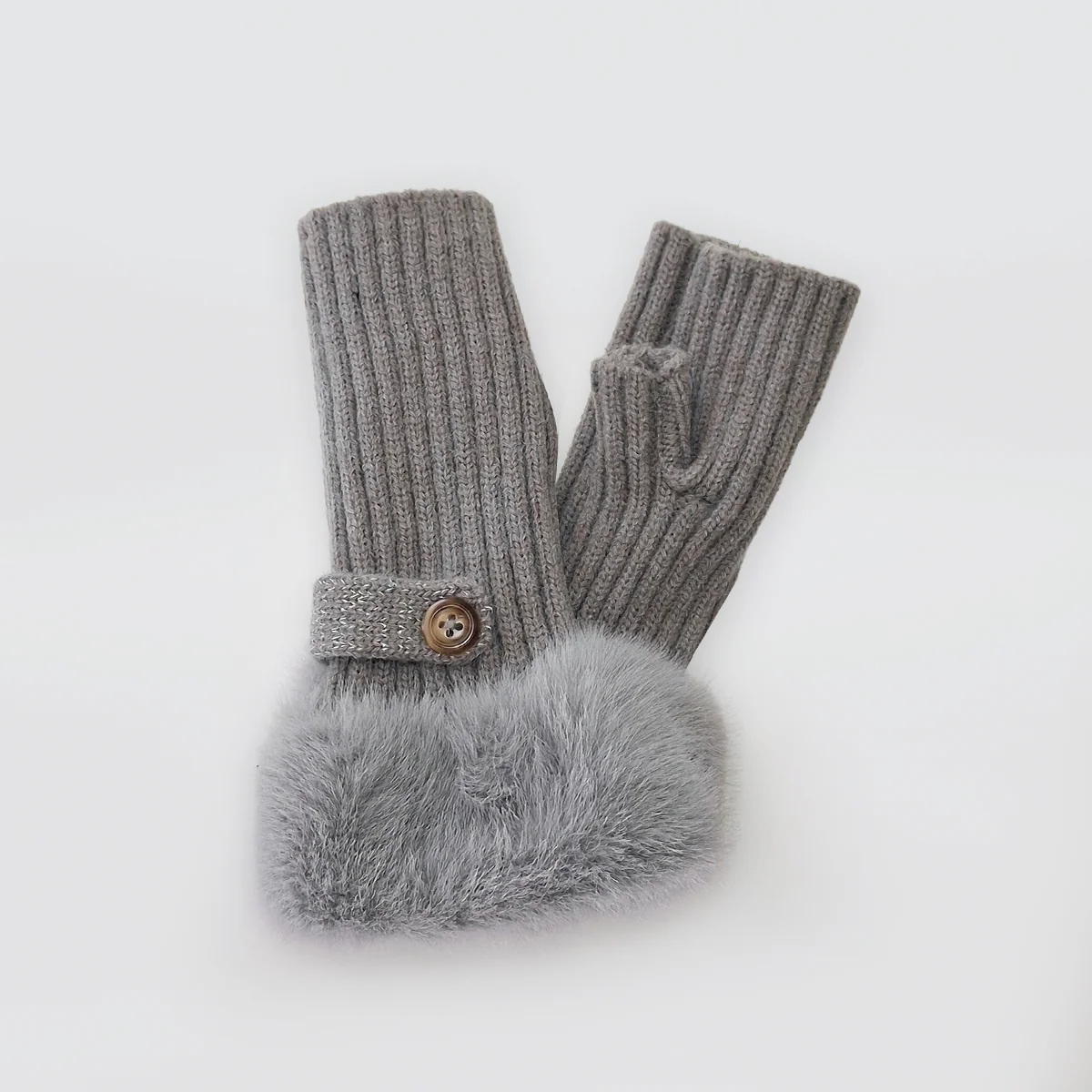 Fur Cuff Fingerless Knit Gloves - Image 2