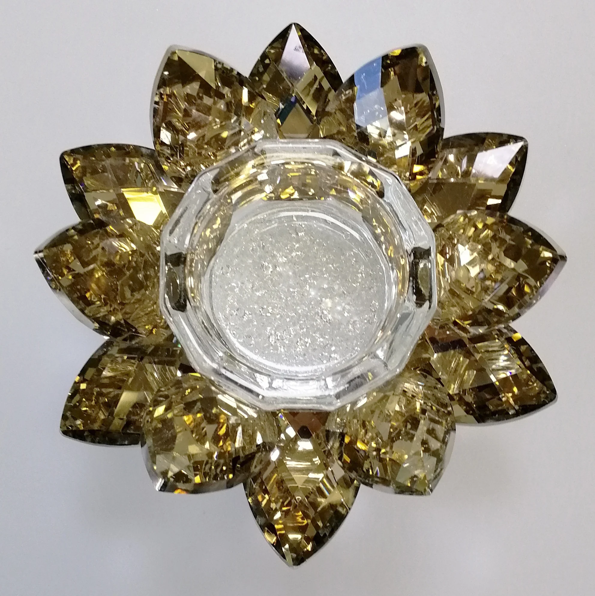 Gold Tinge Glass Flower Tealight Holder with White Confetti Base - Image 2