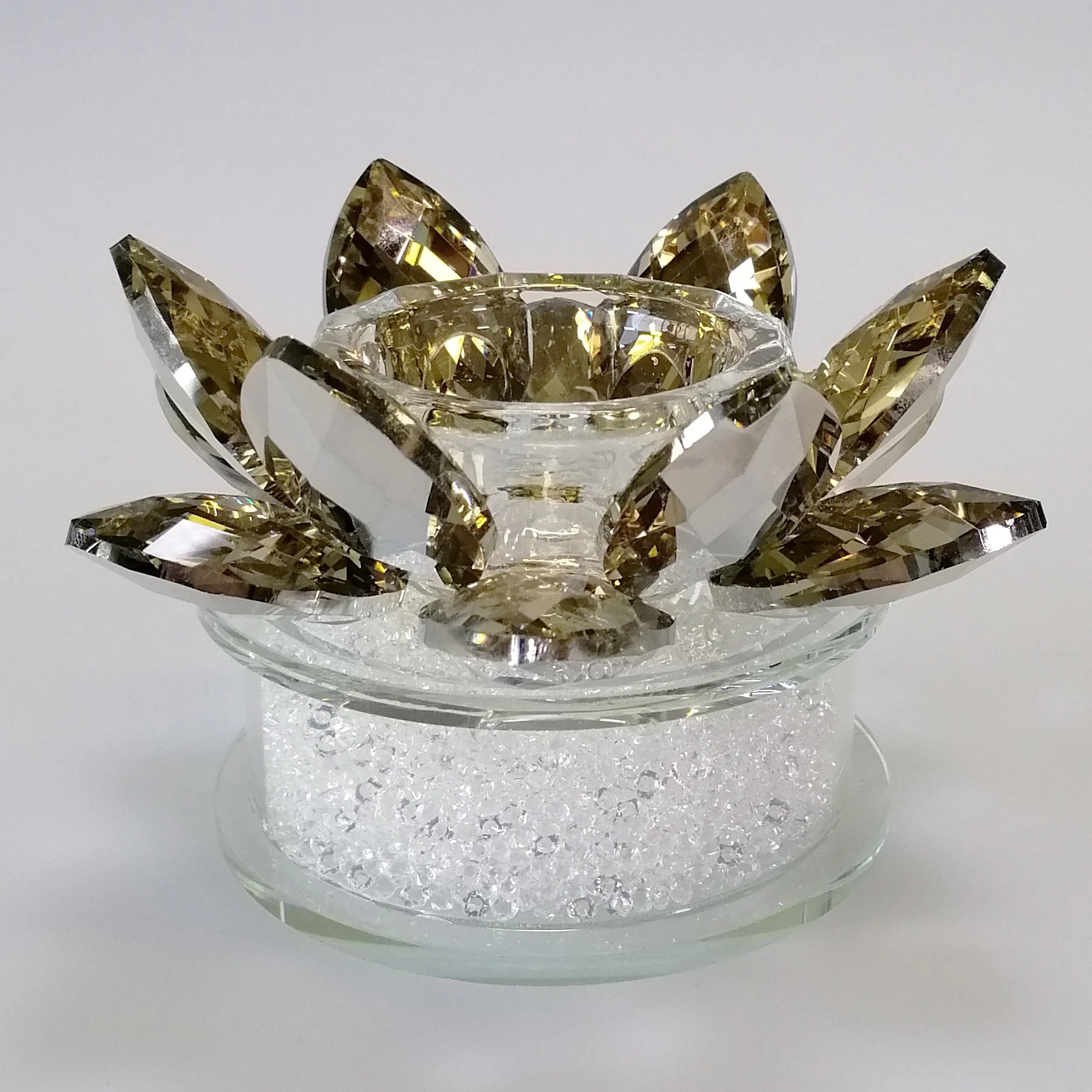 Gold Tinge Glass Flower Tealight Holder with White Confetti Base - Image 3