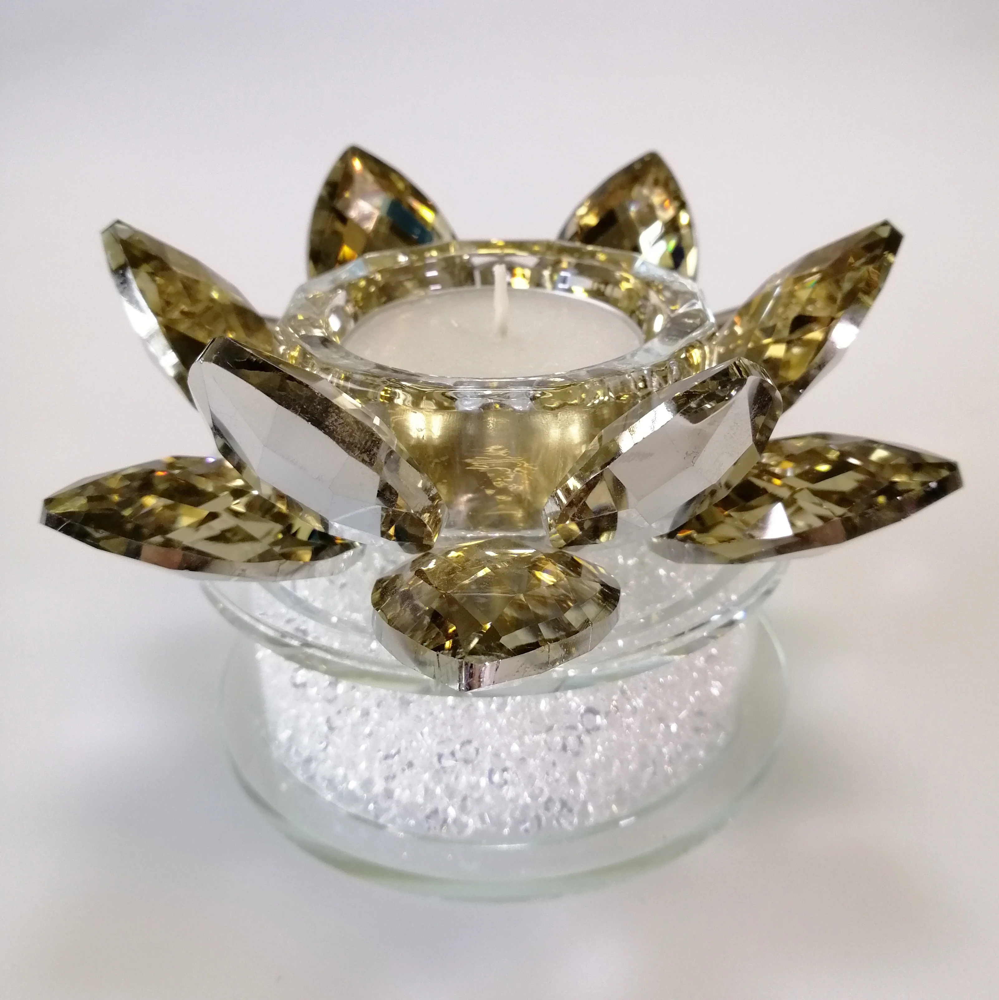 Gold Tinge Glass Flower Tealight Holder with White Confetti Base - Image 4