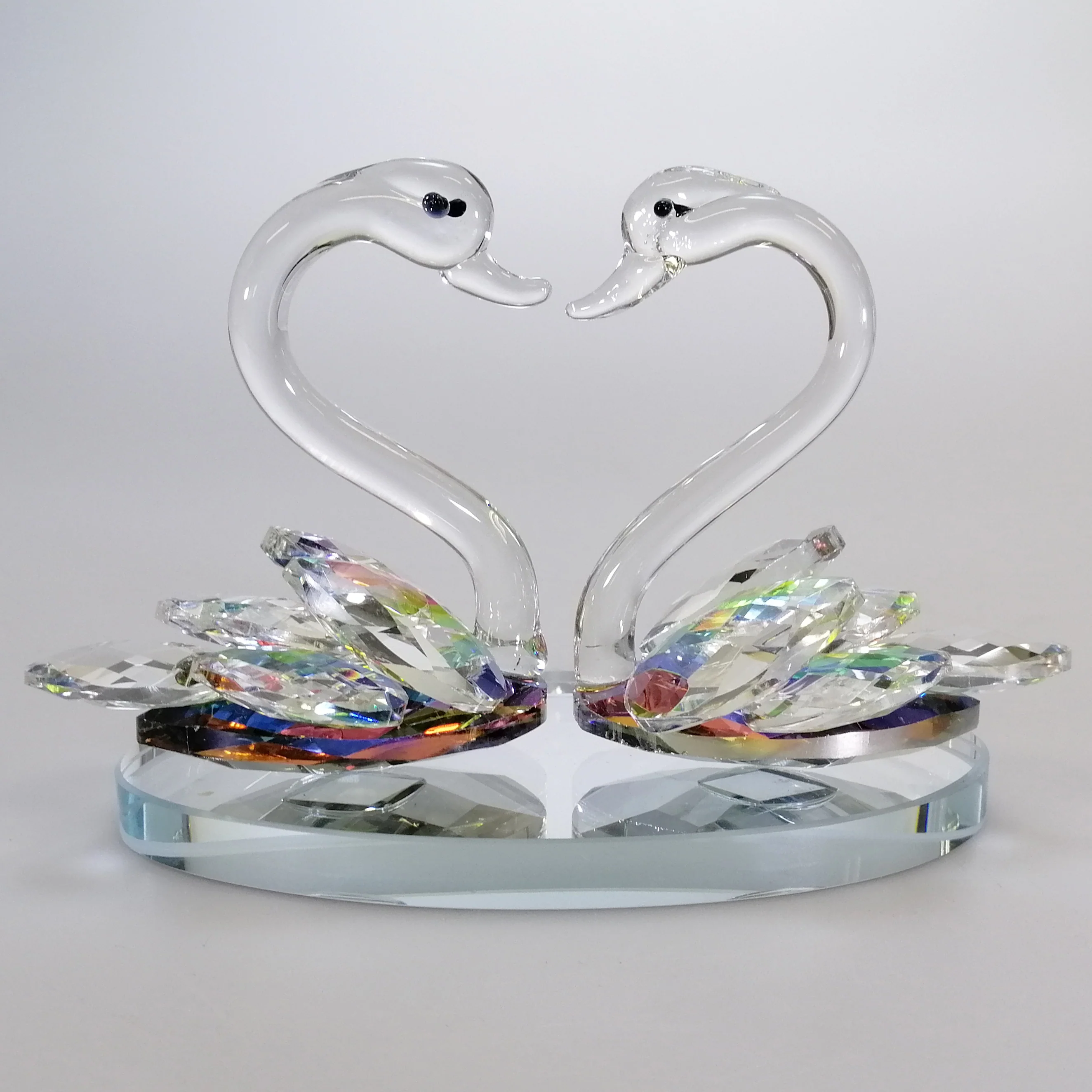 Iridescent Cut Glass Swans on Mirror Base - Image 3