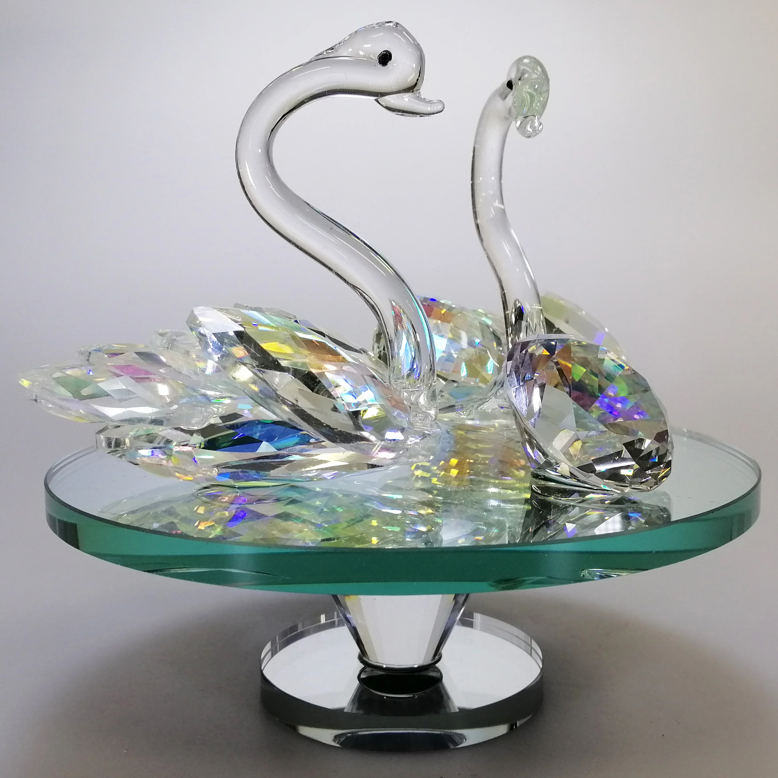 Iridescent Cut Glass Swans with Gem on Turnable Mirror Base - Image 2