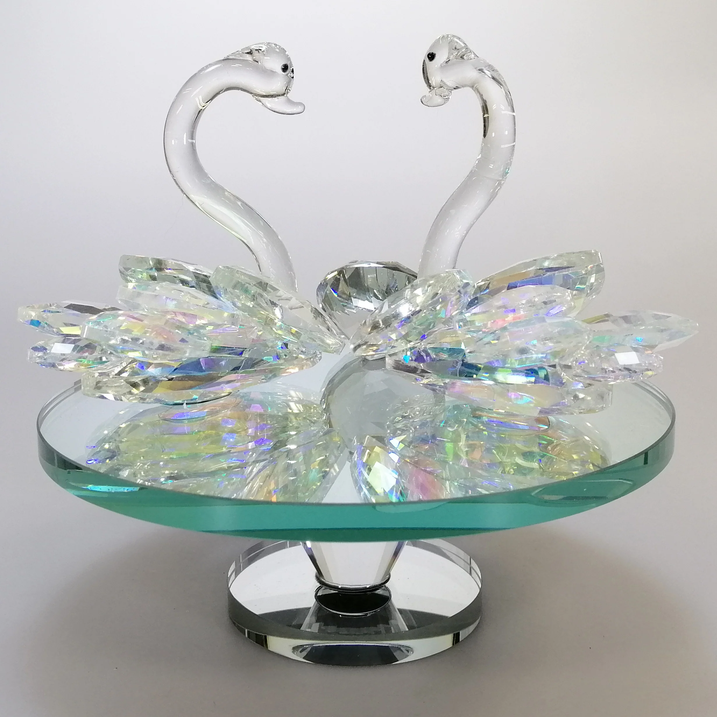 Iridescent Cut Glass Swans with Gem on Turnable Mirror Base - Image 3