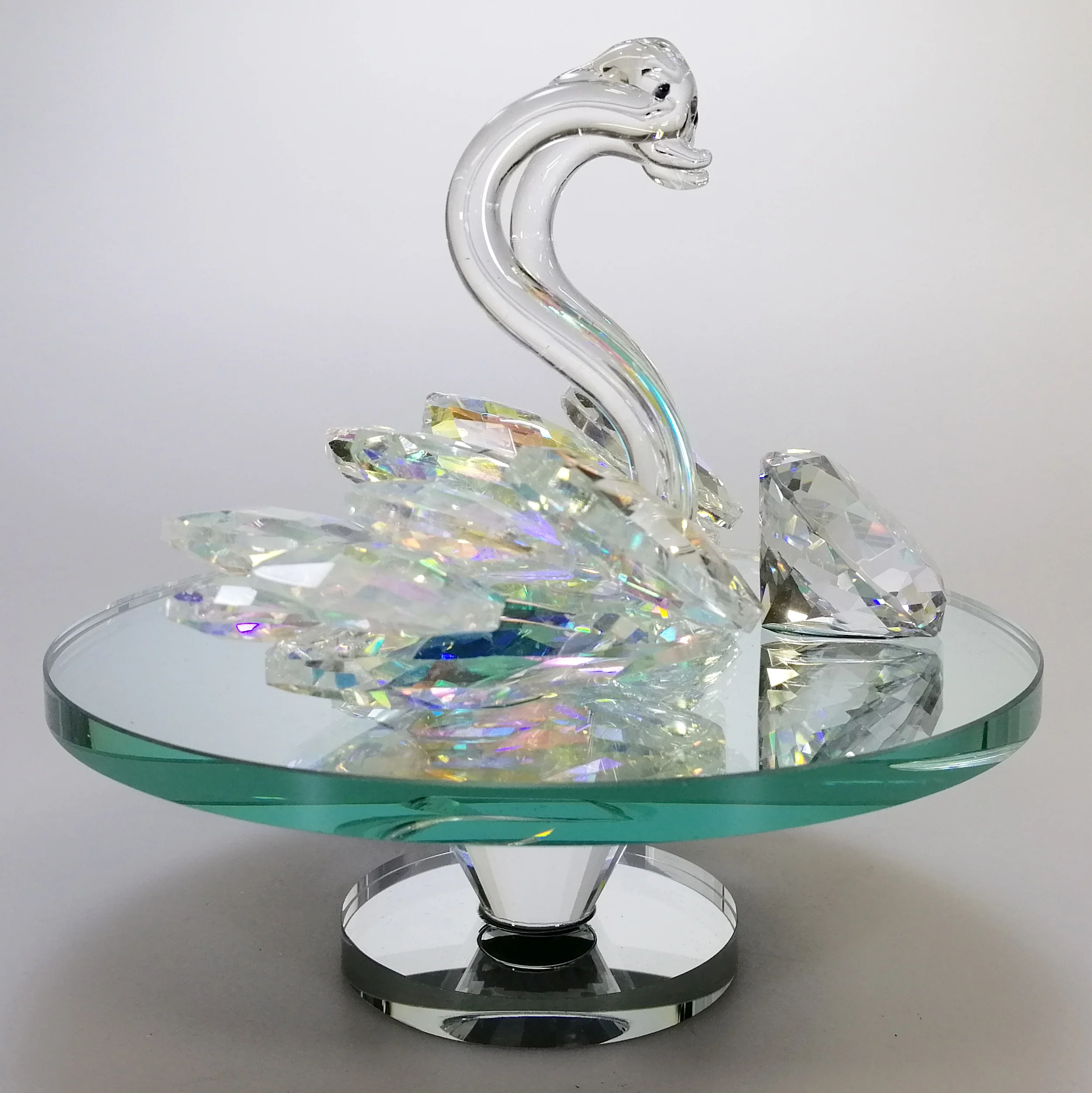 Iridescent Cut Glass Swans with Gem on Turnable Mirror Base - Image 4