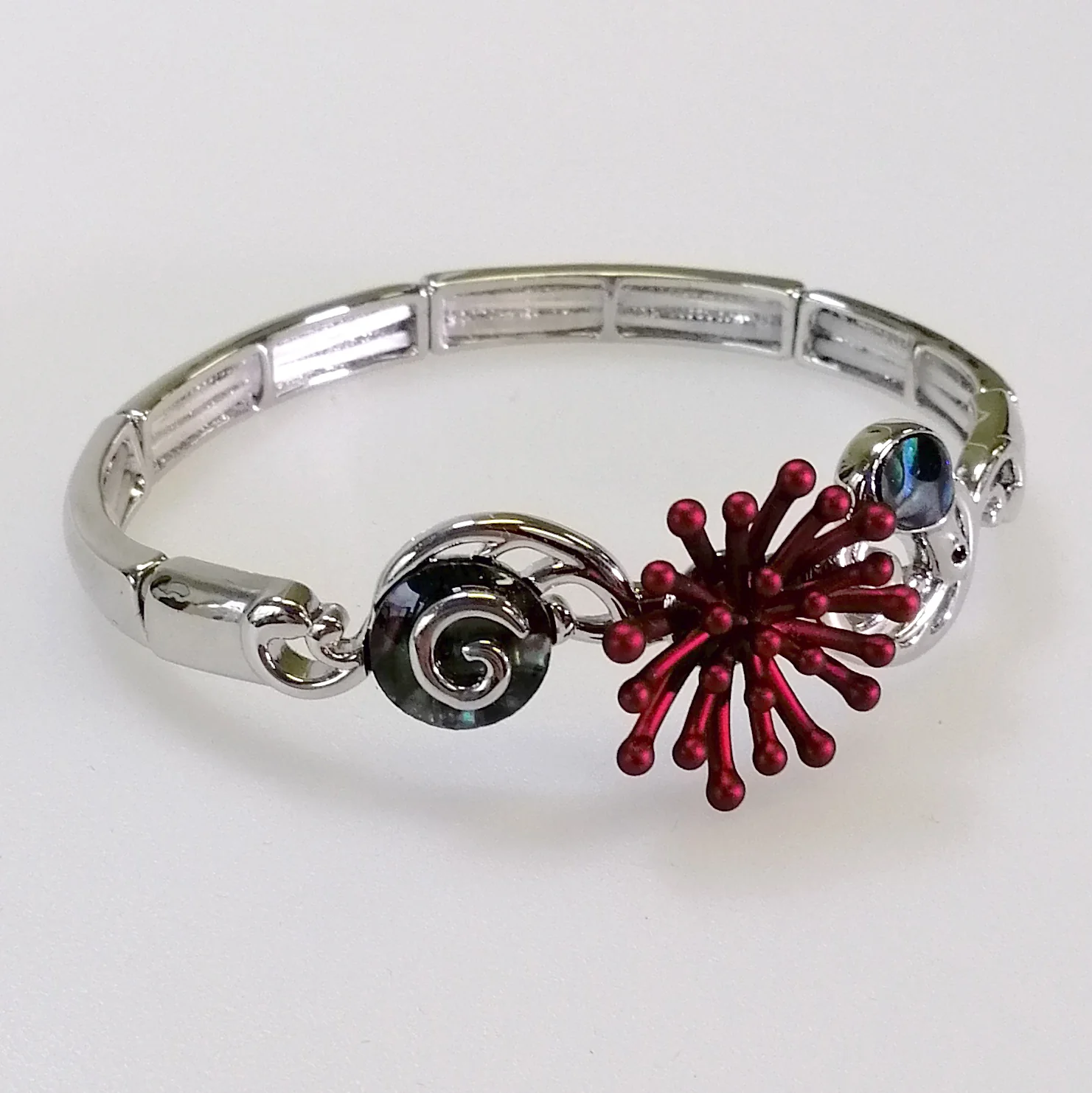 Kiwicraft - Rhodium & Paua Pohutakawa Koru Bracelet - Image 2