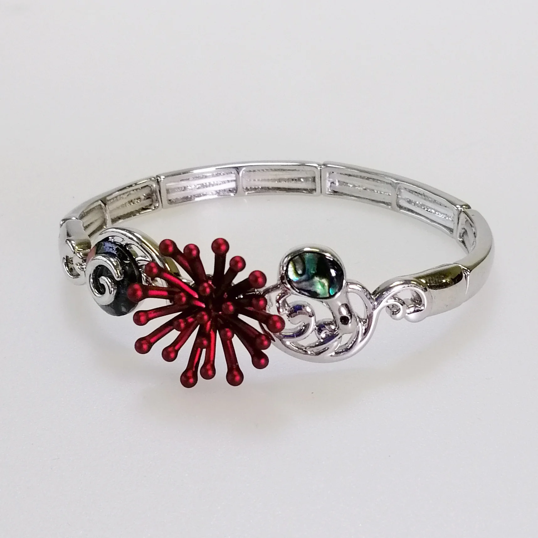 Kiwicraft - Rhodium & Paua Pohutakawa Koru Bracelet - Image 3