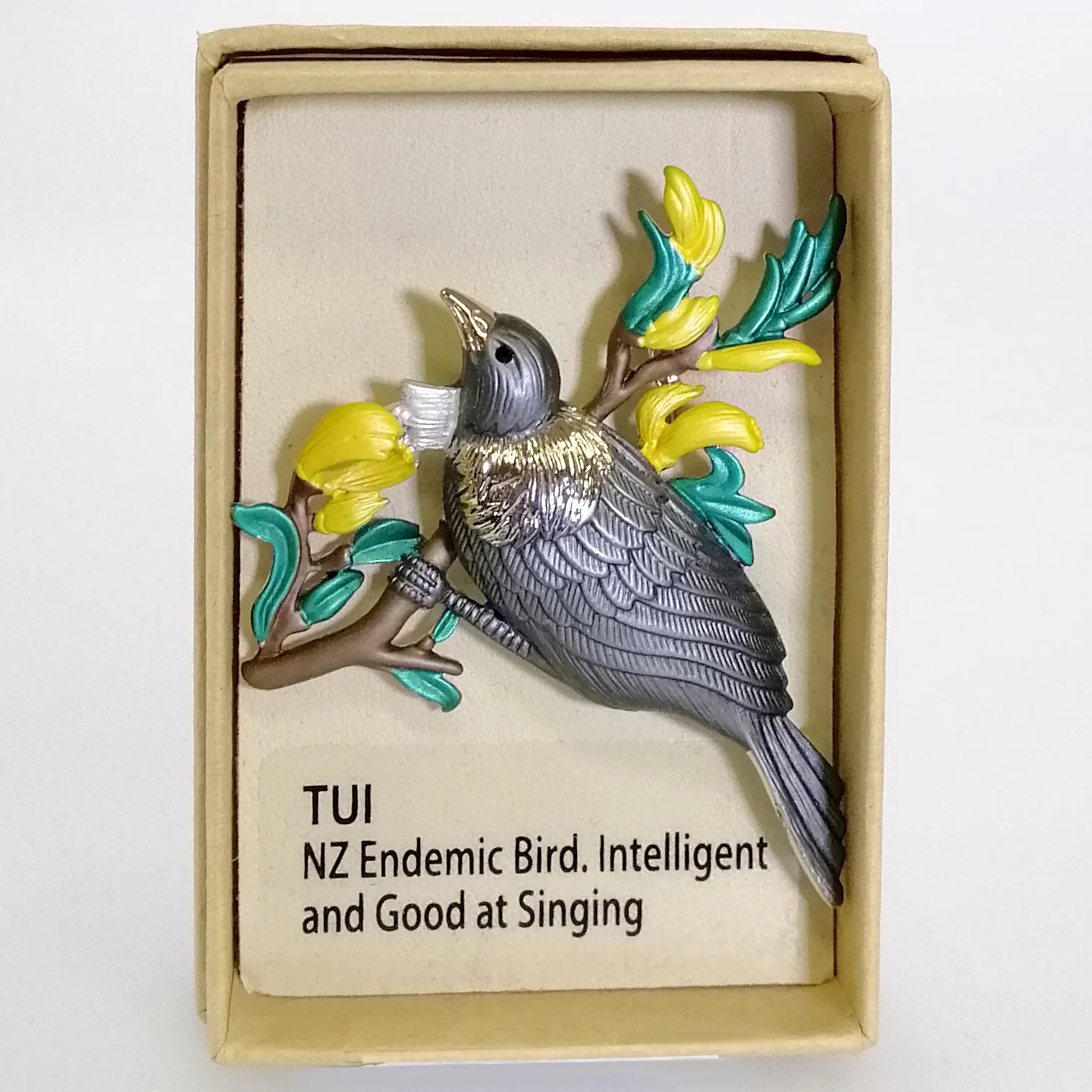 Kiwicraft - Grey Tui on Kowhai Brooch
