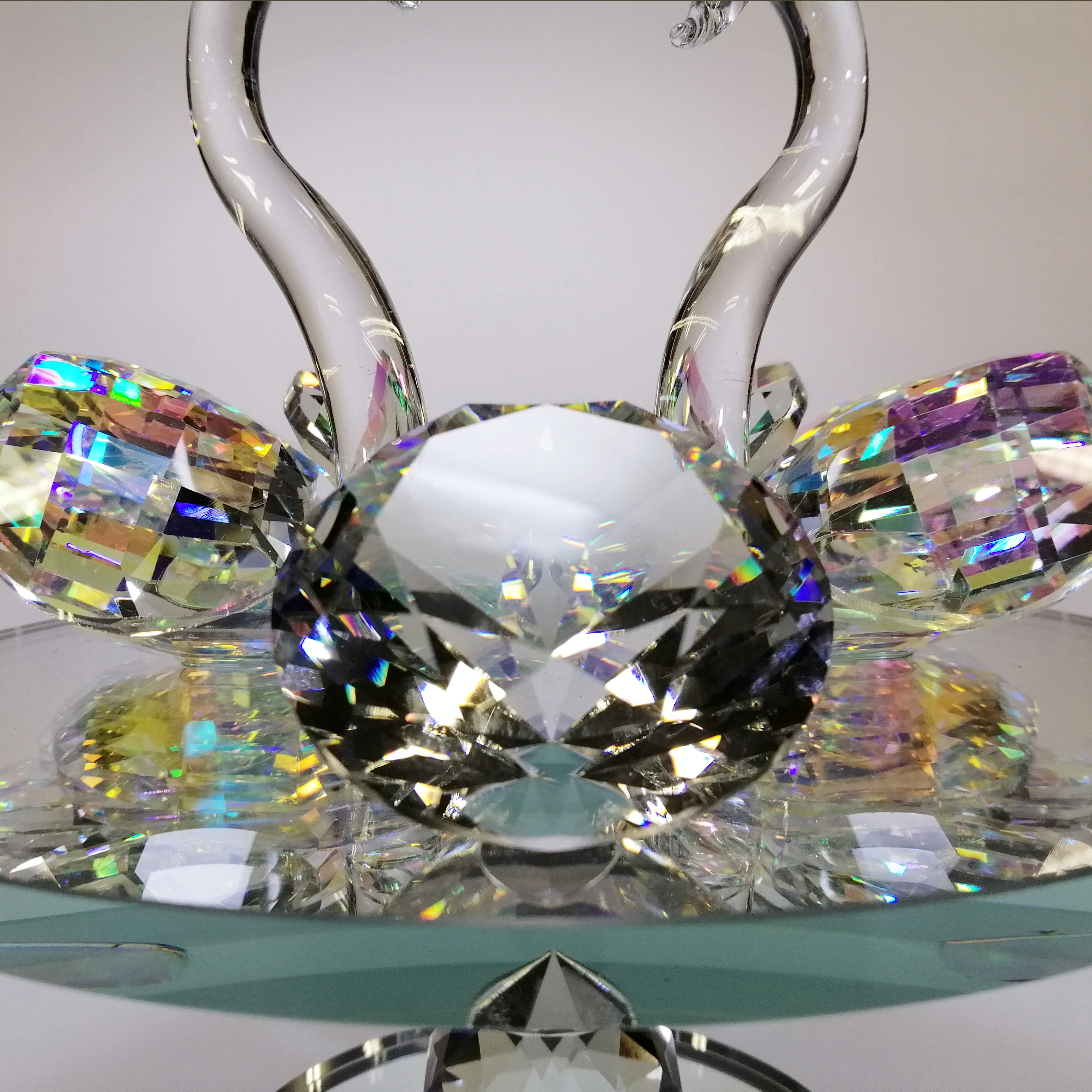 Large Iridescent Cut Glass Swans with Gem on Turnable Mirror Base - Image 3