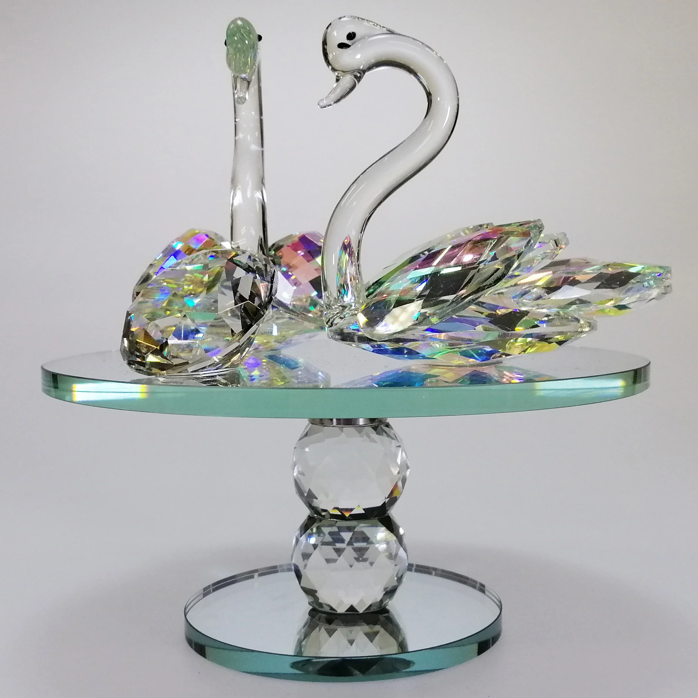 Large Iridescent Cut Glass Swans with Gem on Turnable Mirror Base - Image 4
