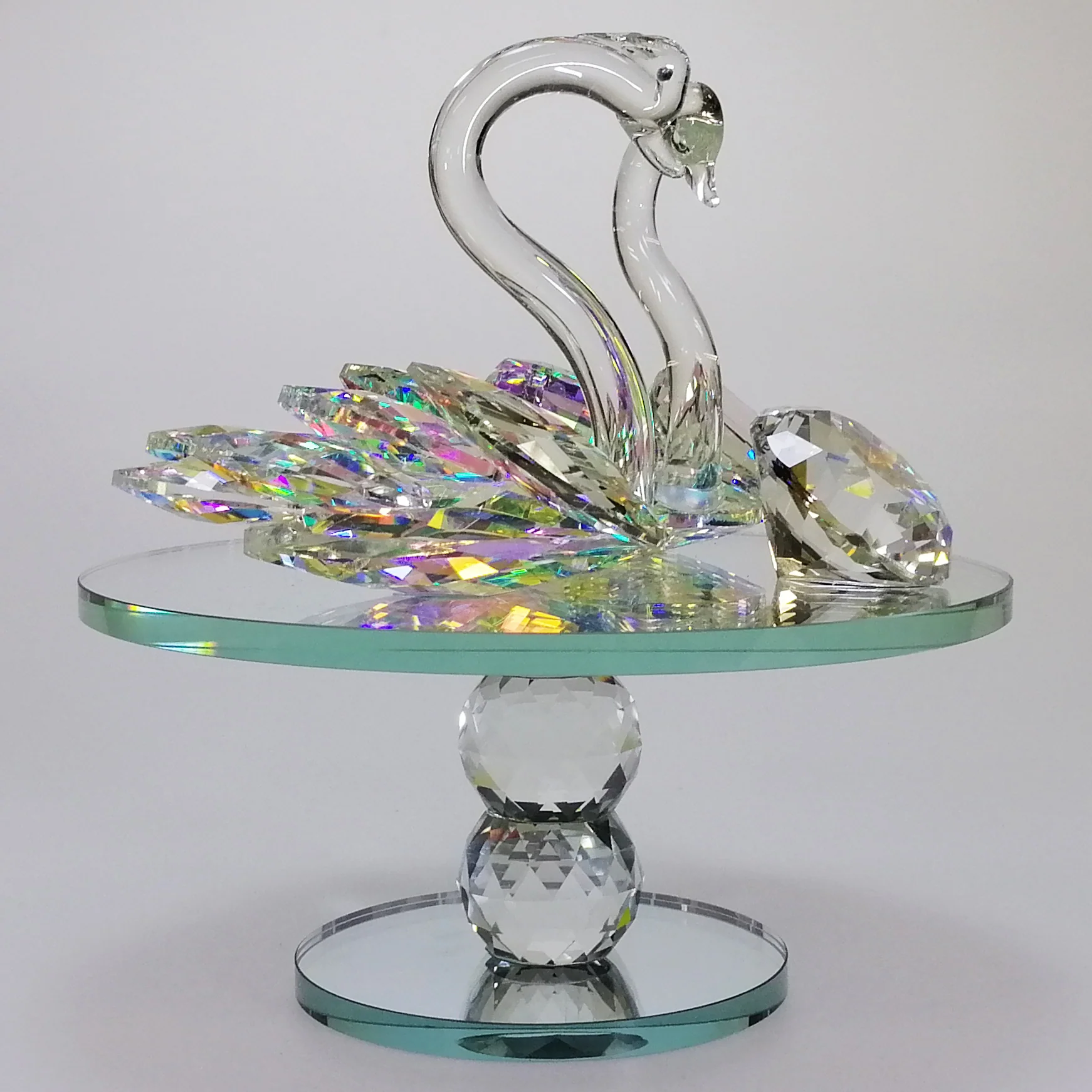 Large Iridescent Cut Glass Swans with Gem on Turnable Mirror Base - Image 5