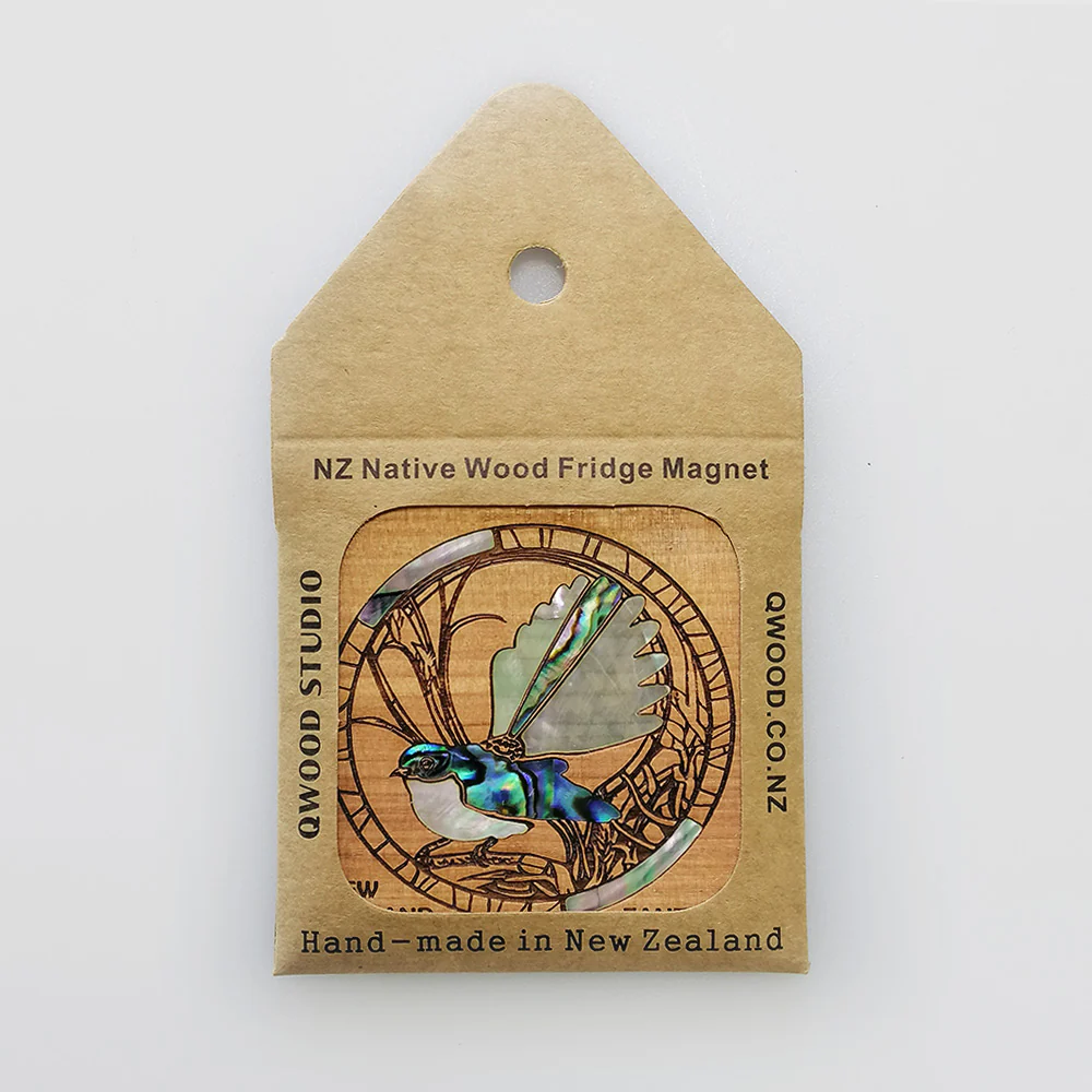 NZ Wood & Paua Magnet - Fantail - Image 3