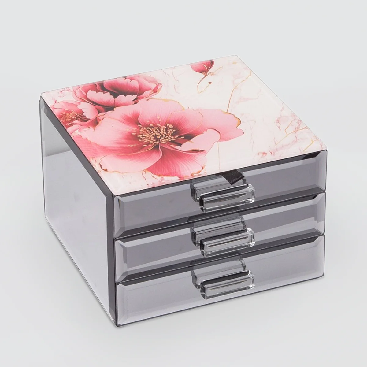 Peony Flower Glass Jewellery Box - 2 Drawer