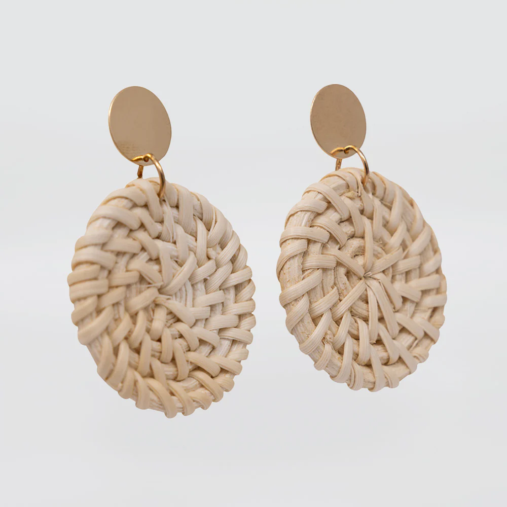 Round Cream Rattan Earrings