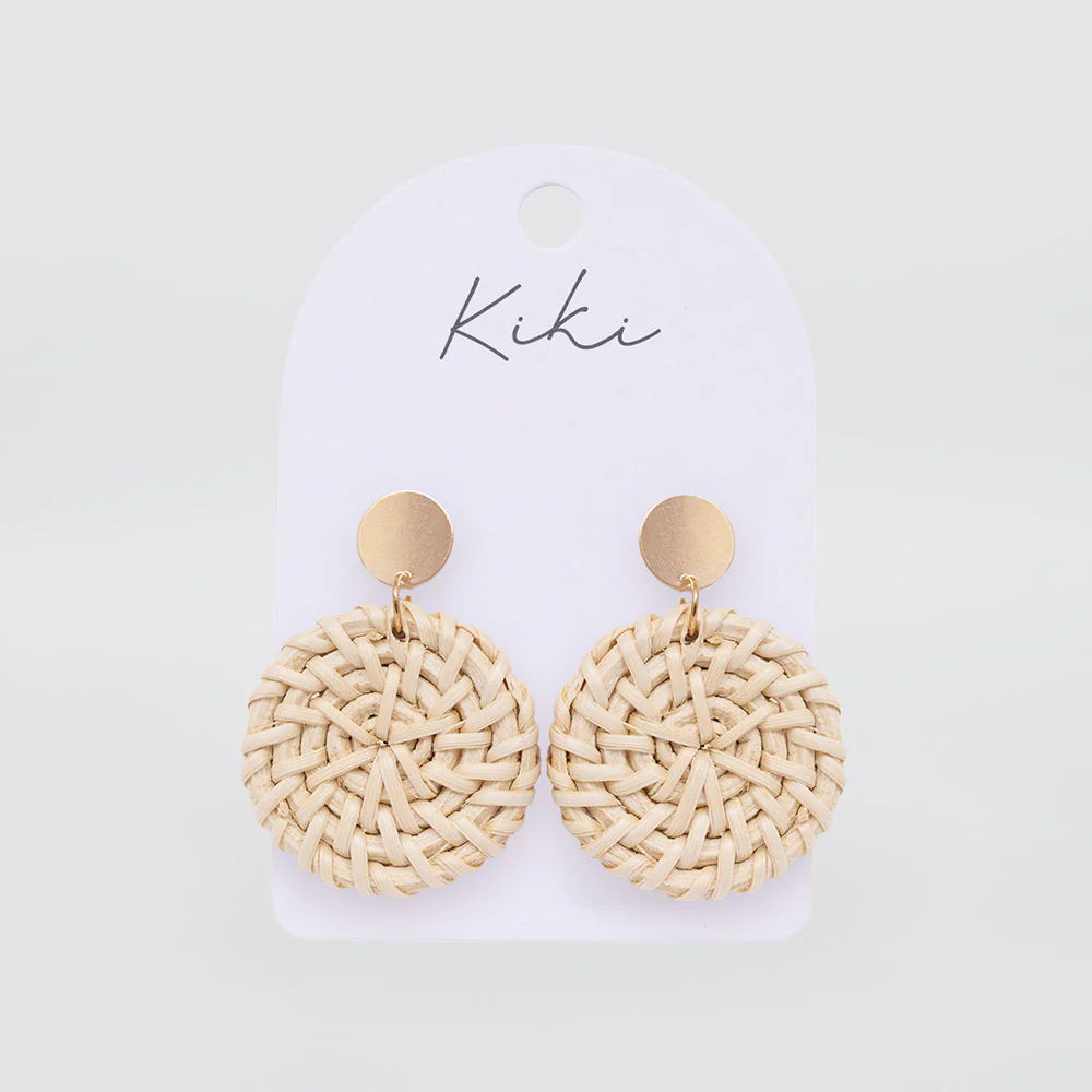 Round Cream Rattan Earrings - Image 2