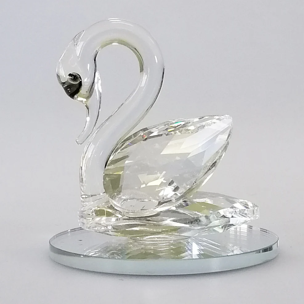 Small Cut Glass Swan on Round Mirror Base
