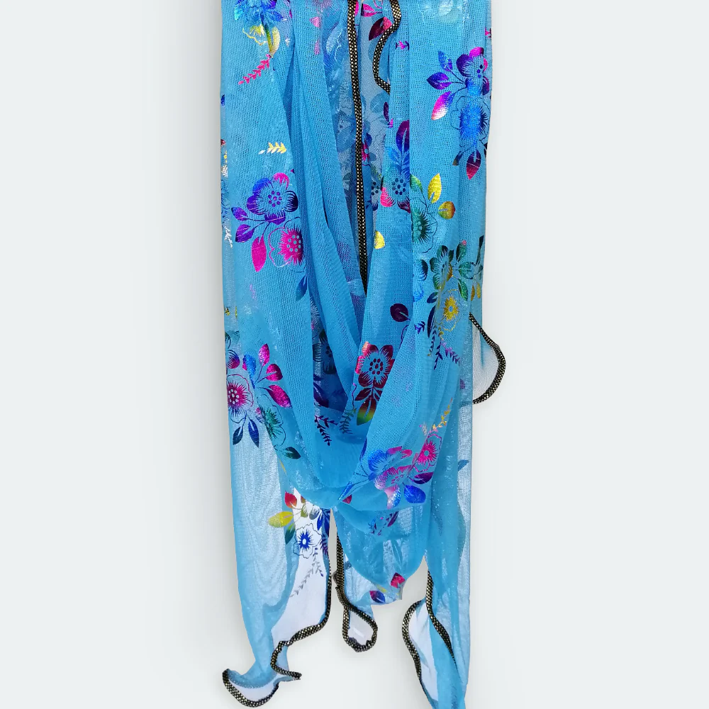 Triangle Floral Foil Net Scarf - Aqua Blue - Image 3