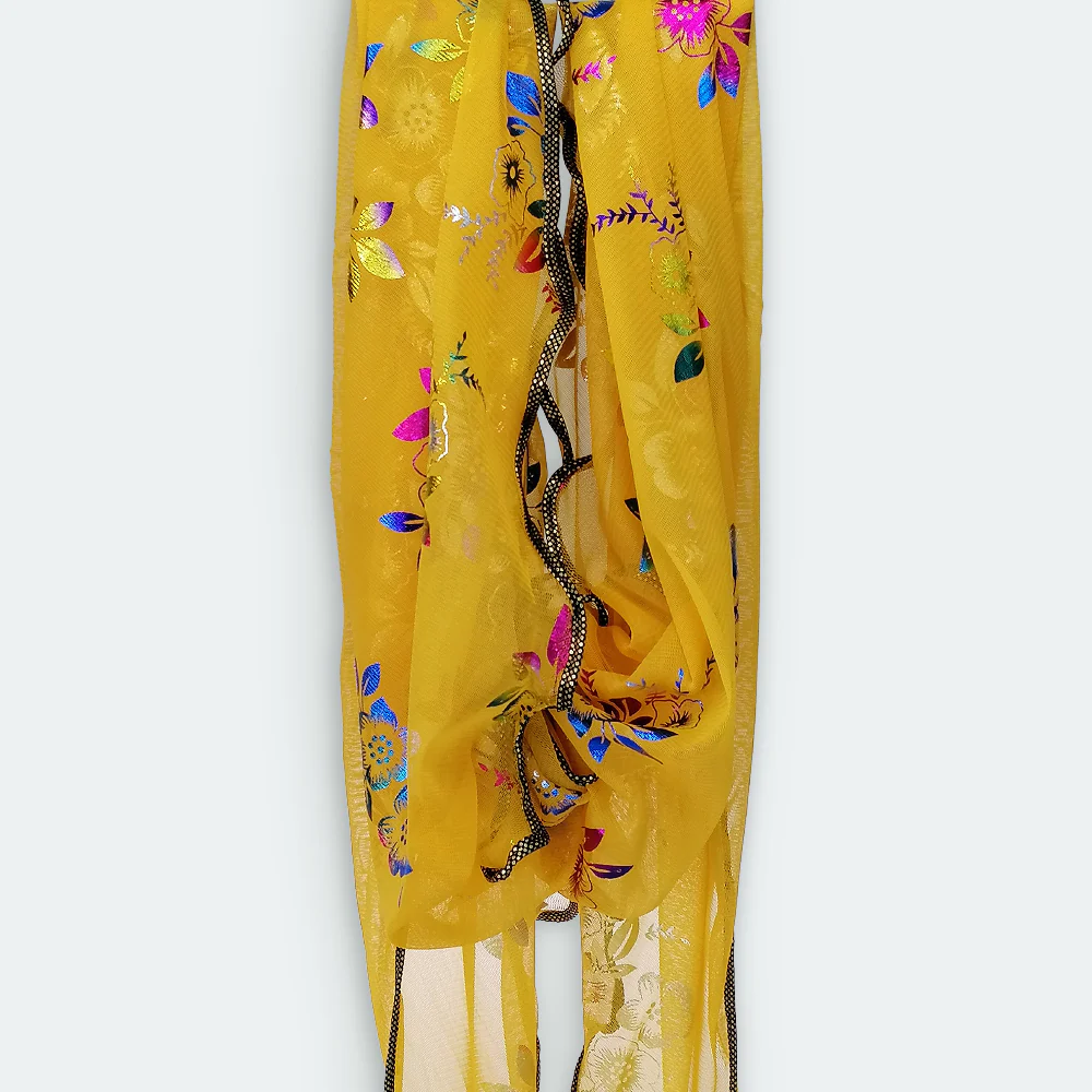 Triangle Floral Foil Net Scarf -  Mustard - Image 3