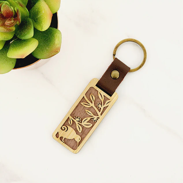 Wooden 'Kiwi & Pohutukawa' Keyring