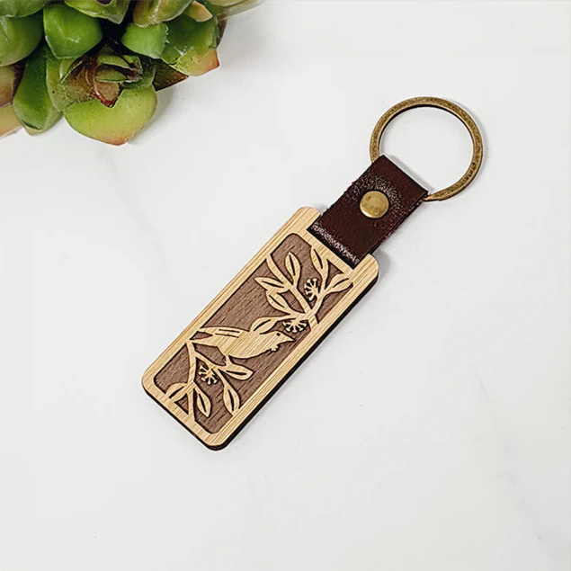 Wooden 'Tui & Pohutukawa' Keyring